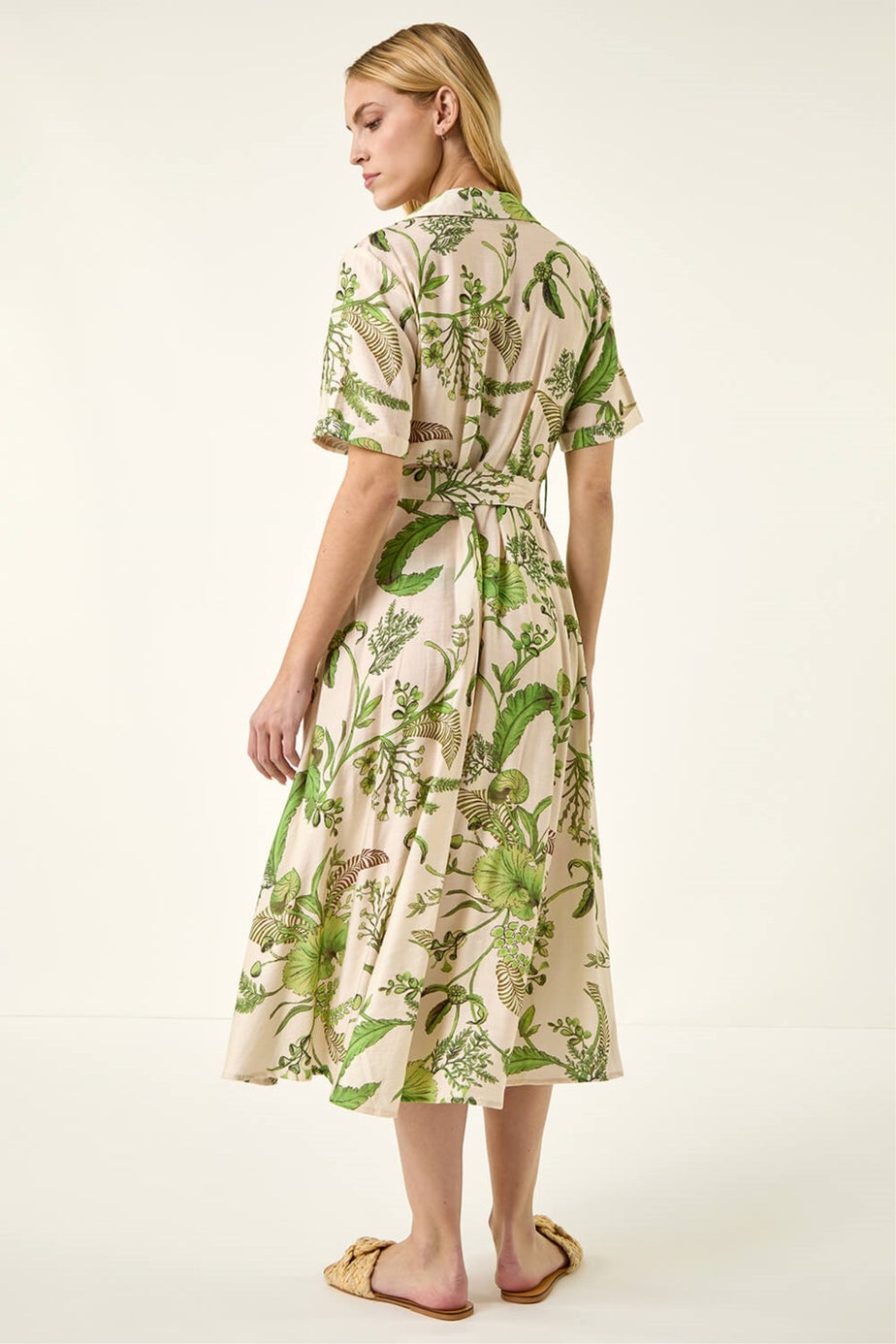 Roman Green Floral Tie Waist Shirt Dress