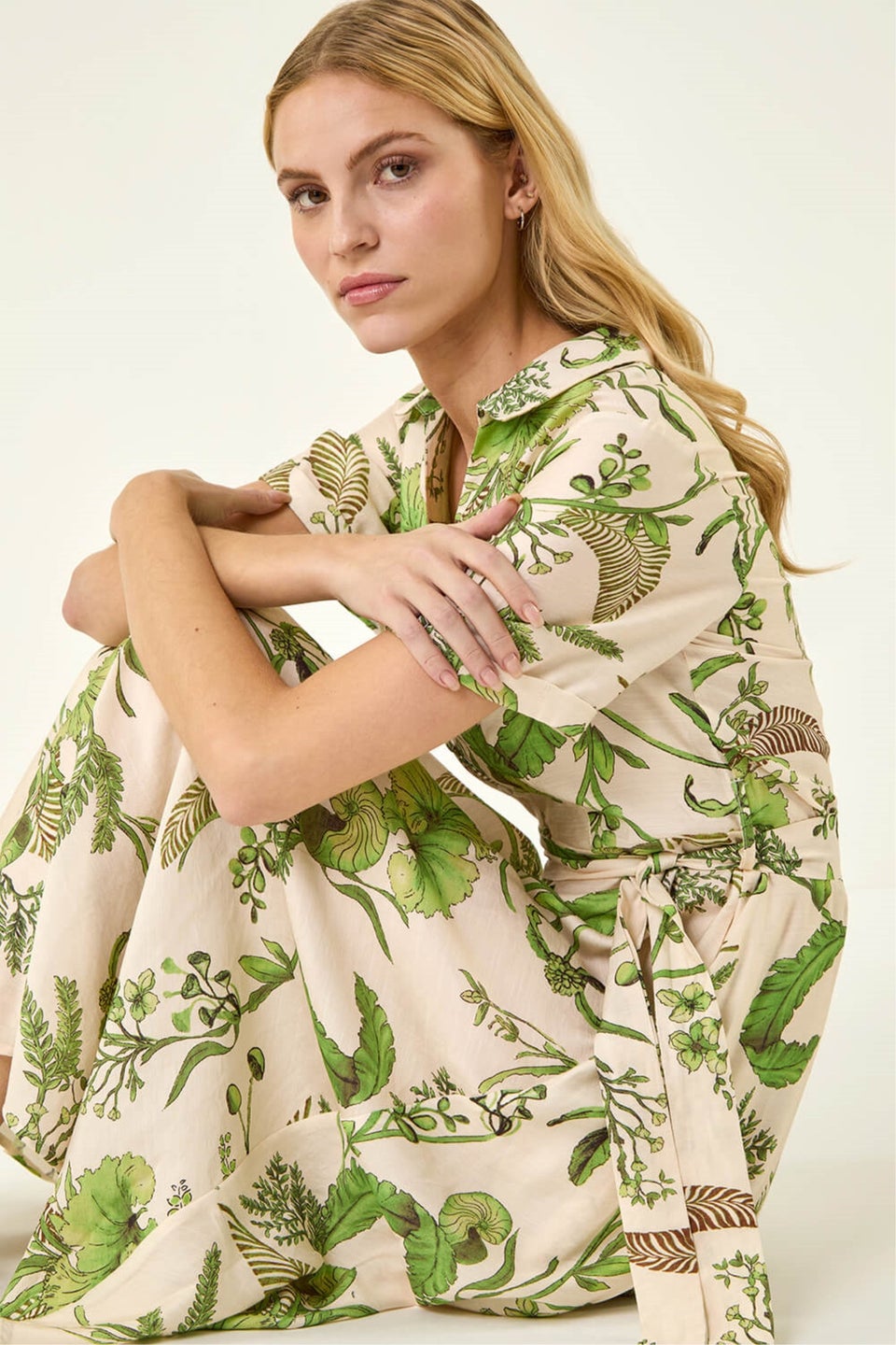 Roman Green Floral Tie Waist Shirt Dress