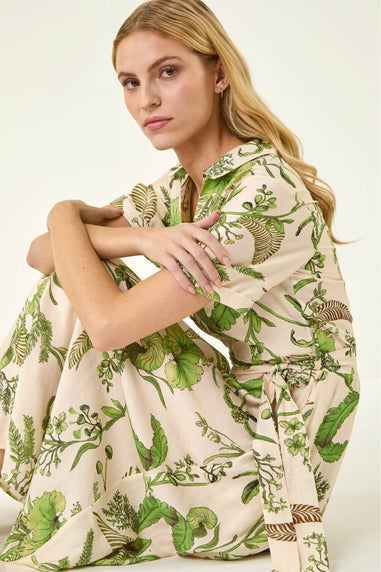 Roman Green Floral Tie Waist Shirt Dress
