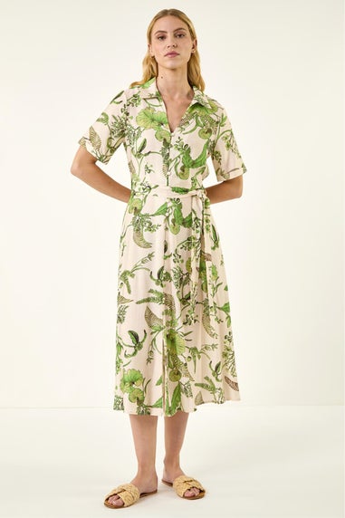 Roman Green Floral Tie Waist Shirt Dress