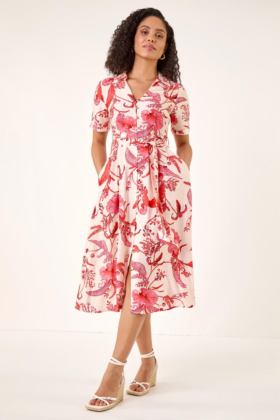 Roman Coral Floral Tie Waist Shirt Dress