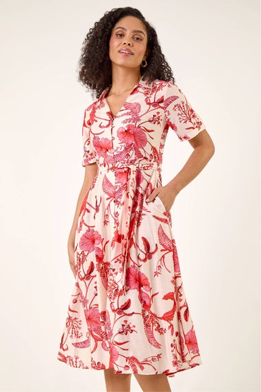 Roman Coral Floral Tie Waist Shirt Dress