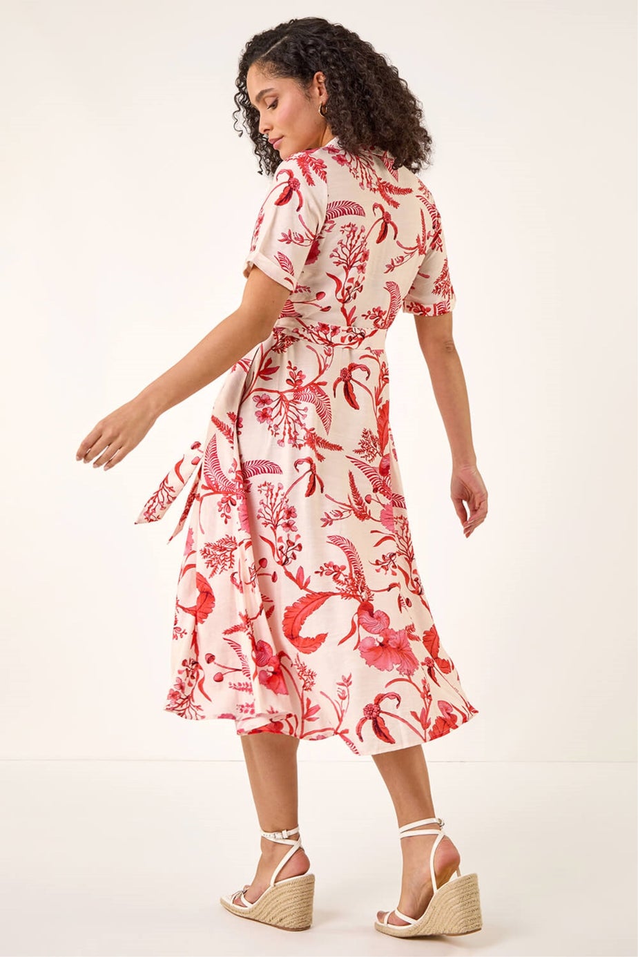 Roman Coral Floral Tie Waist Shirt Dress