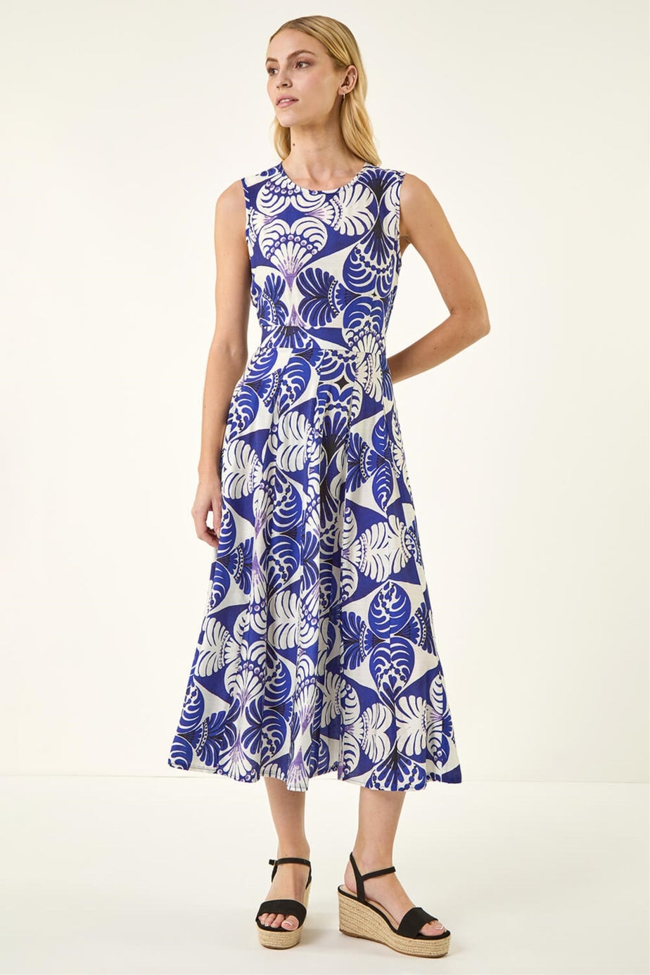 Roman Navy Abstract Print Midi Dress