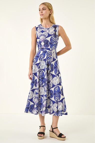 Roman Navy Abstract Print Midi Dress