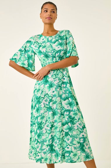 Roman Teal Floral Print Angel Sleeve Midi Dress