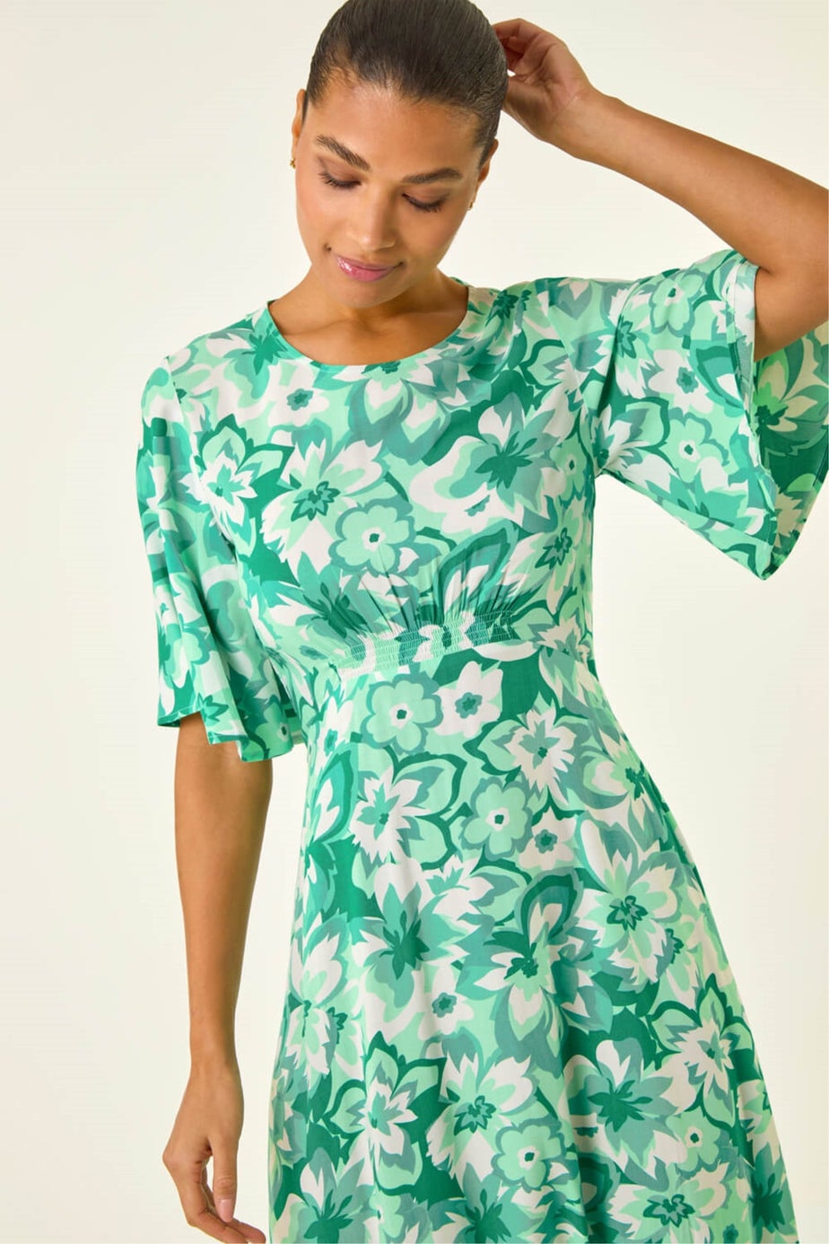 Roman Teal Floral Print Angel Sleeve Midi Dress