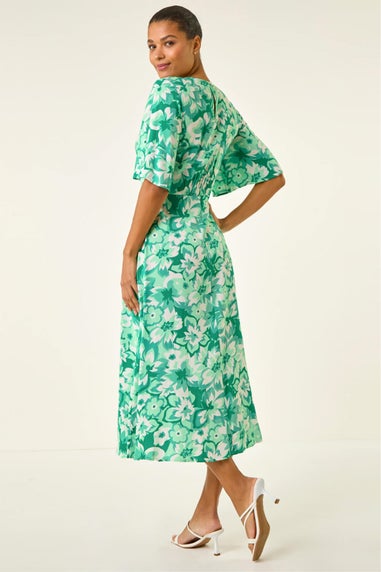Roman Teal Floral Print Angel Sleeve Midi Dress