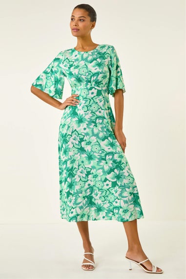 Roman Teal Floral Print Angel Sleeve Midi Dress