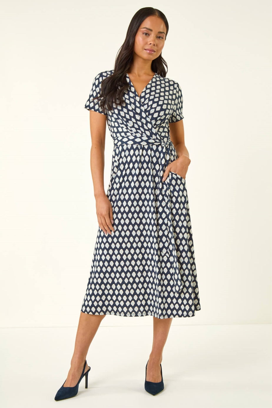 Roman Blue Petite Geometric Tie Waist Wrap Dress