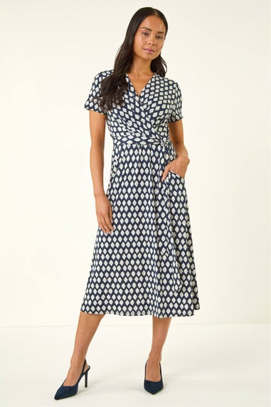 Roman Blue Petite Geometric Tie Waist Wrap Dress