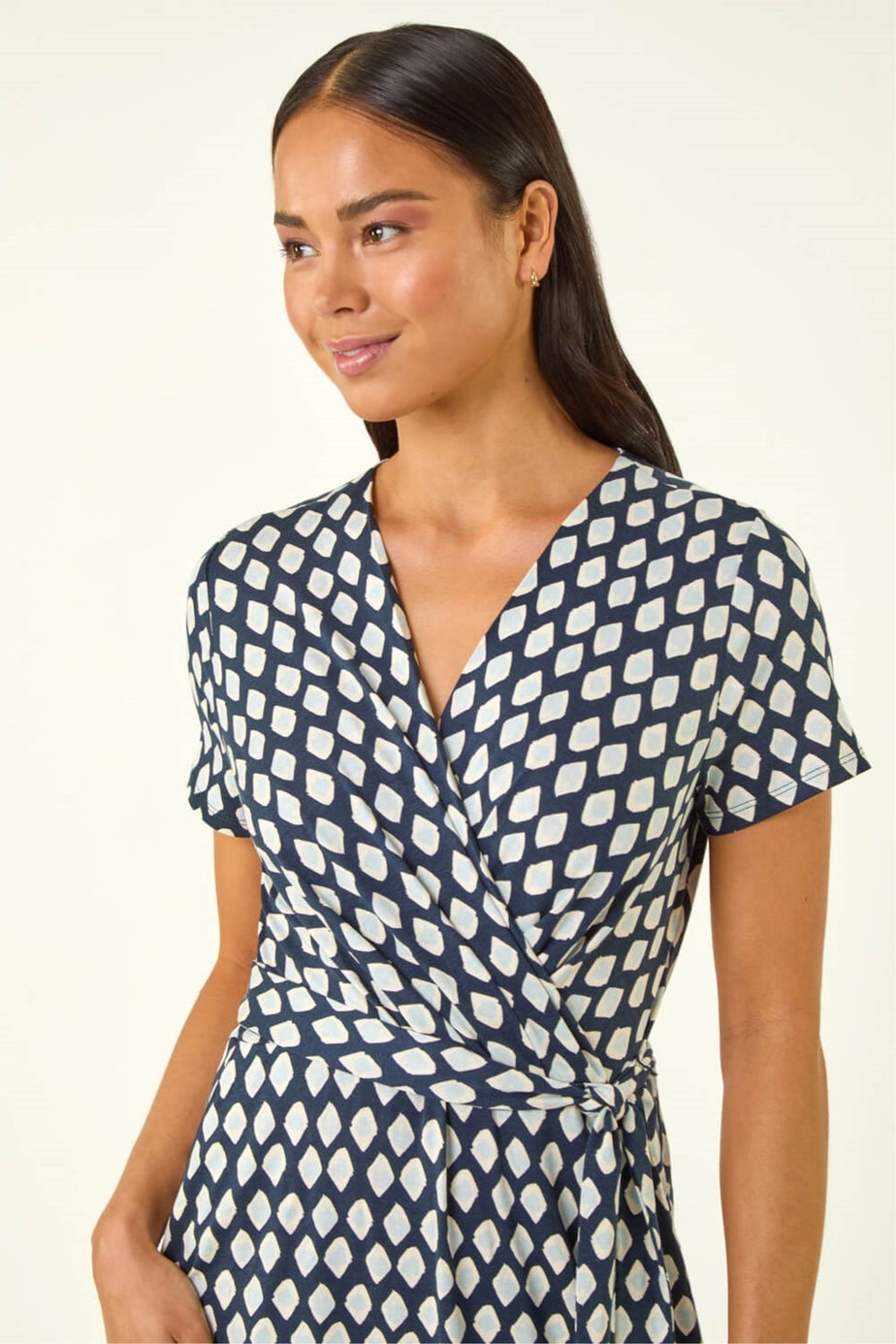 Roman Blue Petite Geometric Tie Waist Wrap Dress