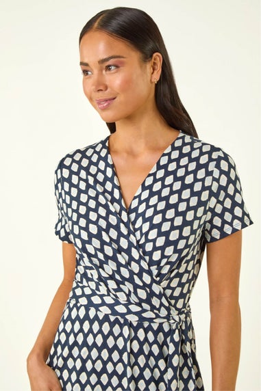 Roman Blue Petite Geometric Tie Waist Wrap Dress