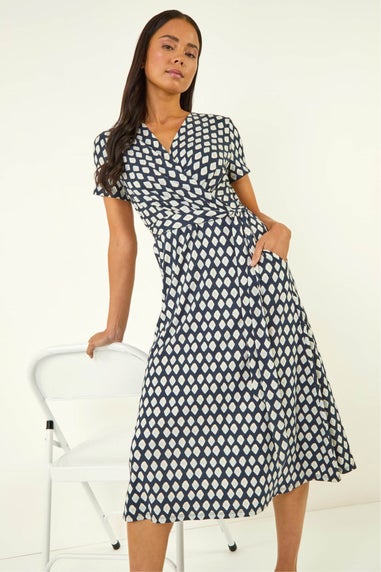 Roman Blue Petite Geometric Tie Waist Wrap Dress