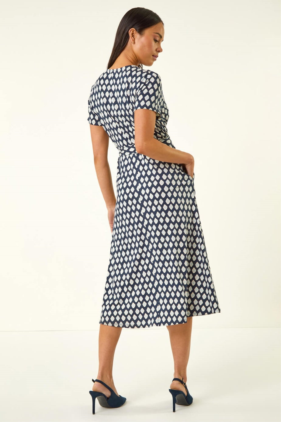 Roman Blue Petite Geometric Tie Waist Wrap Dress