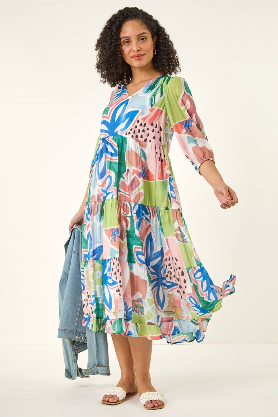 Roman Blue Abstract Print Tiered Dress