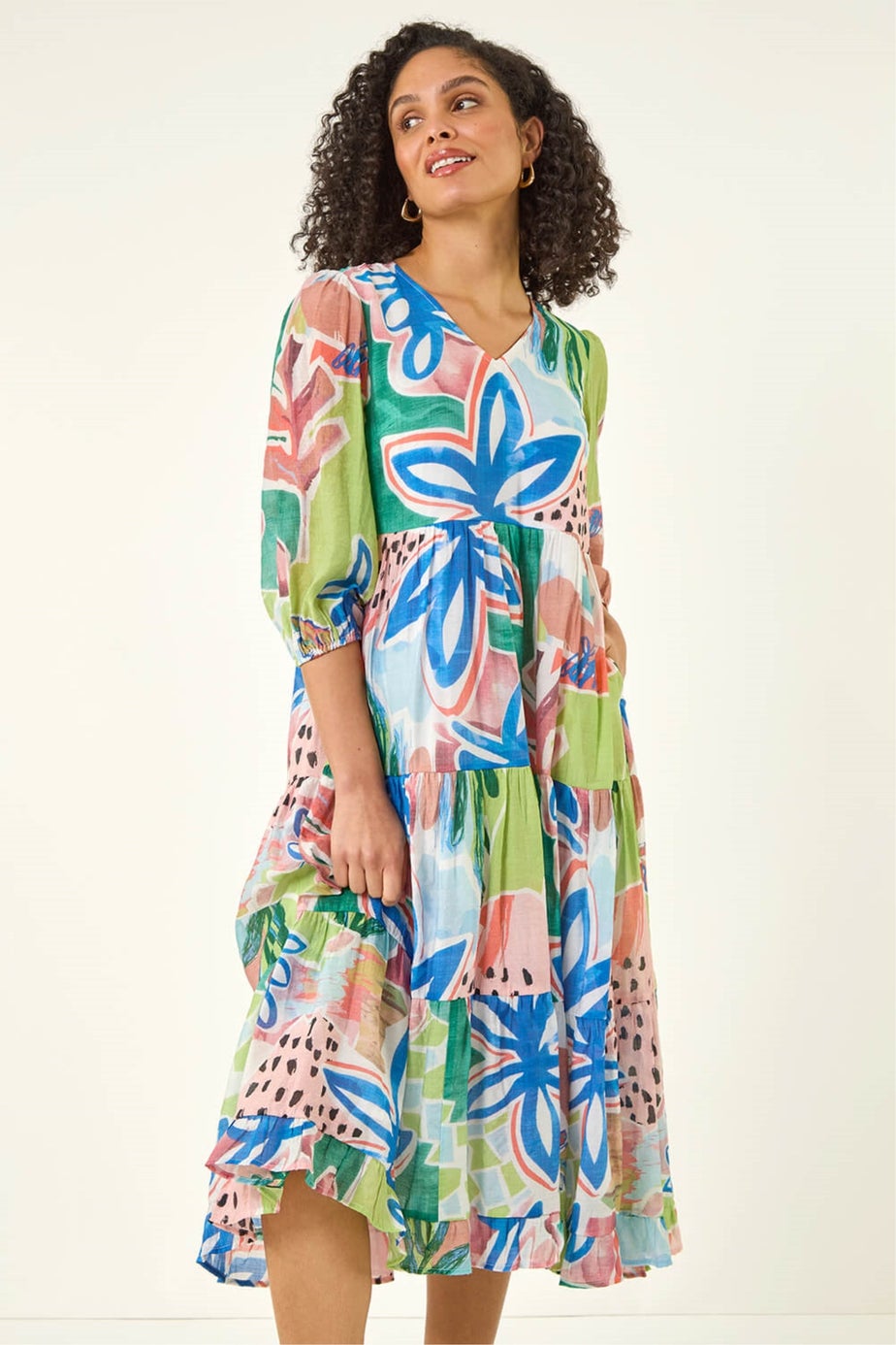 Roman Blue Abstract Print Tiered Dress