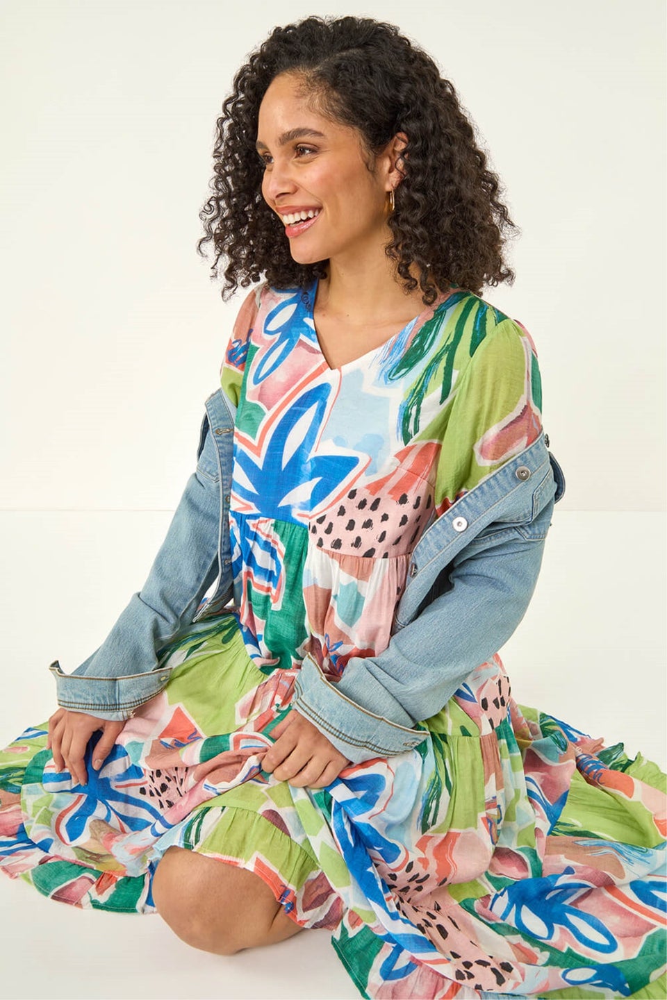 Roman Blue Abstract Print Tiered Dress