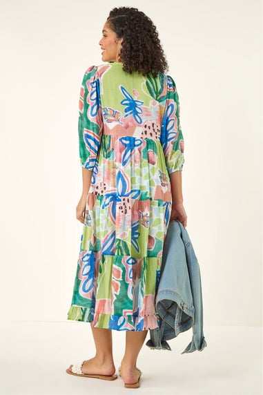 Roman Blue Abstract Print Tiered Dress