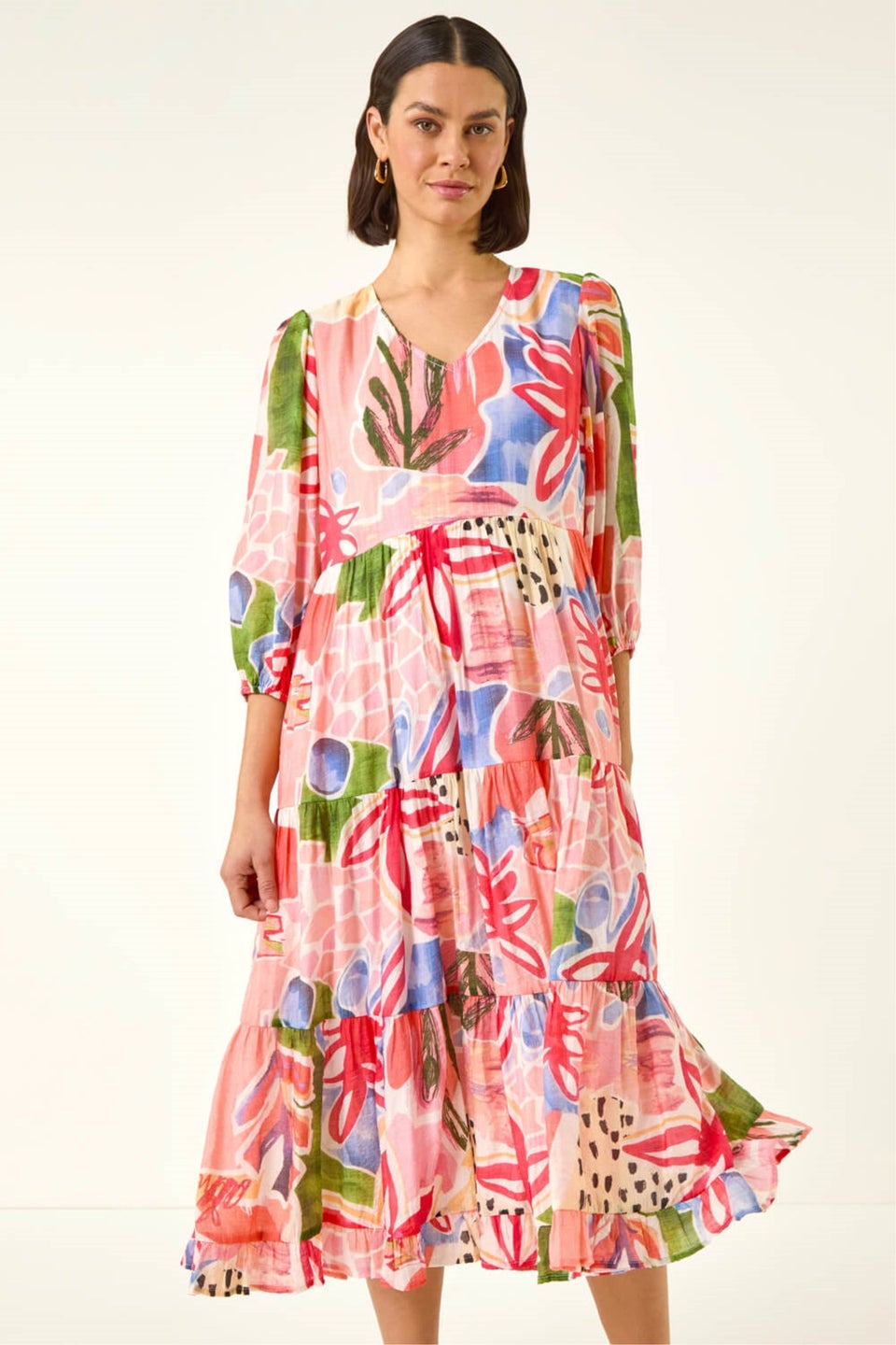 Roman Red Abstract Print Tiered Dress