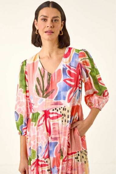 Roman Red Abstract Print Tiered Dress