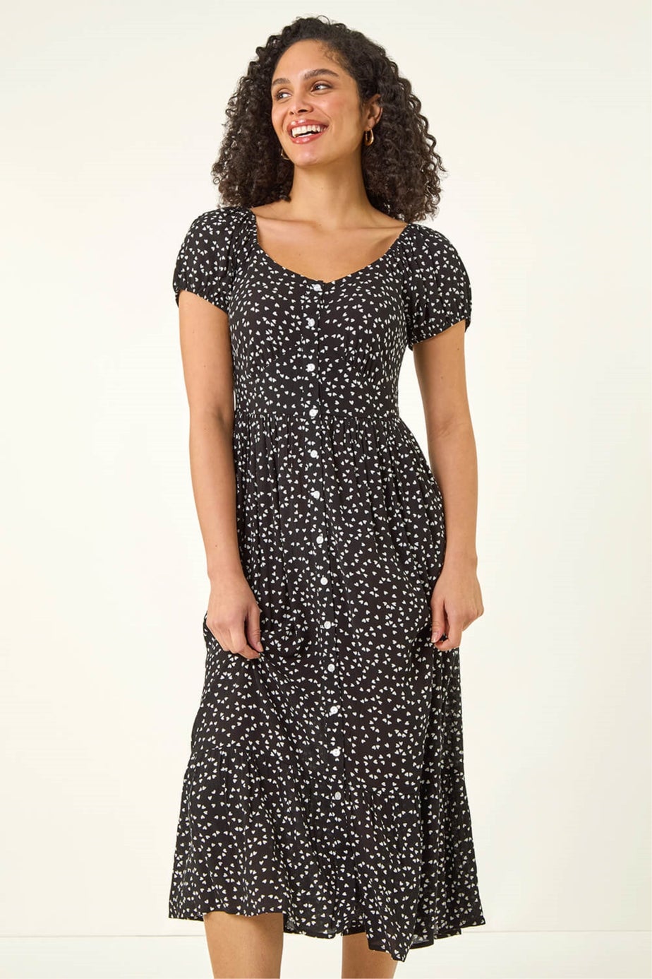 Roman Black Spotty Heart Button Midi Dress