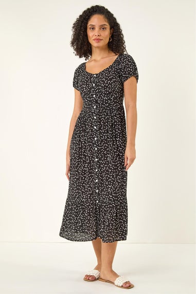 Roman Black Spotty Heart Button Midi Dress