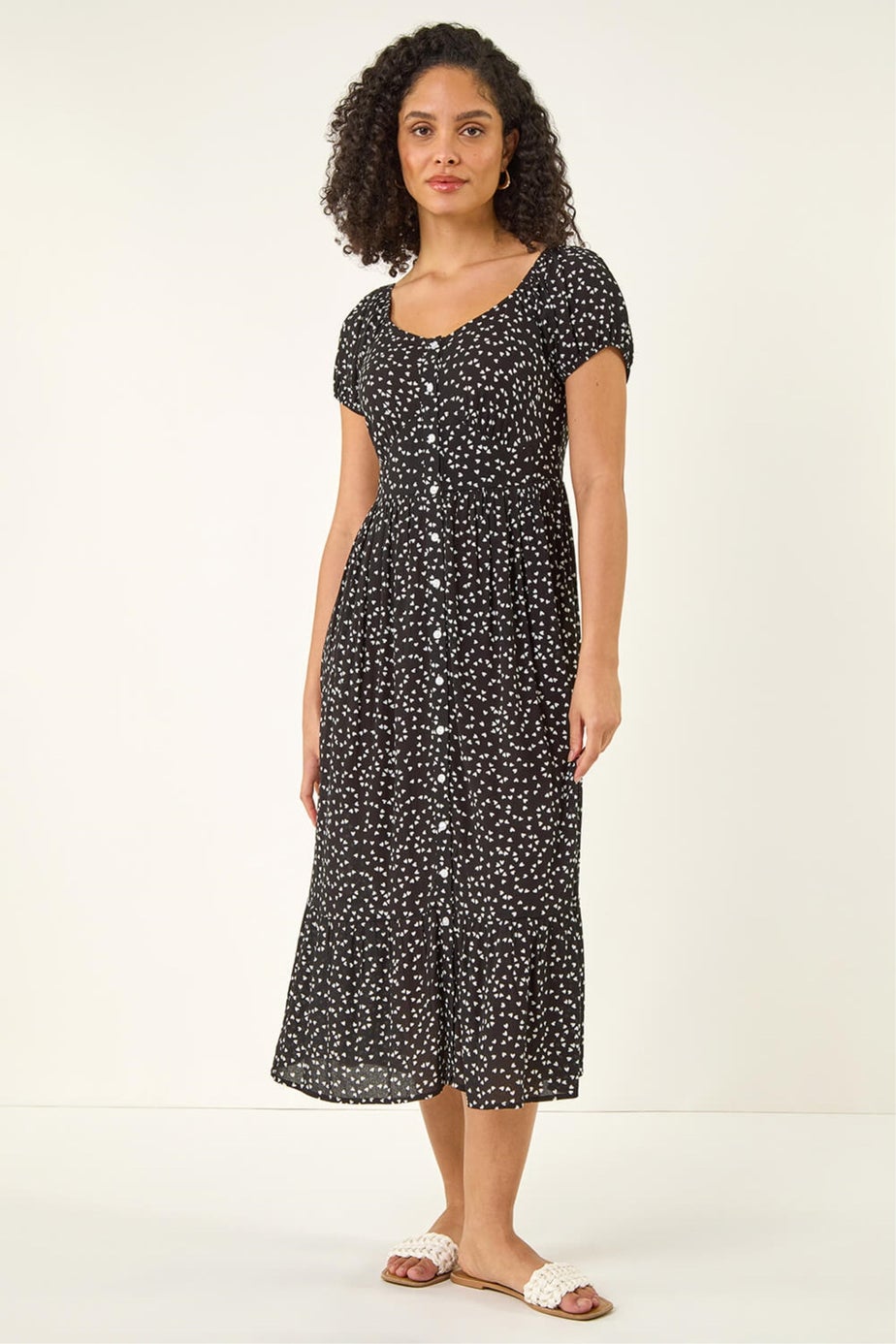 Roman Black Spotty Heart Button Midi Dress