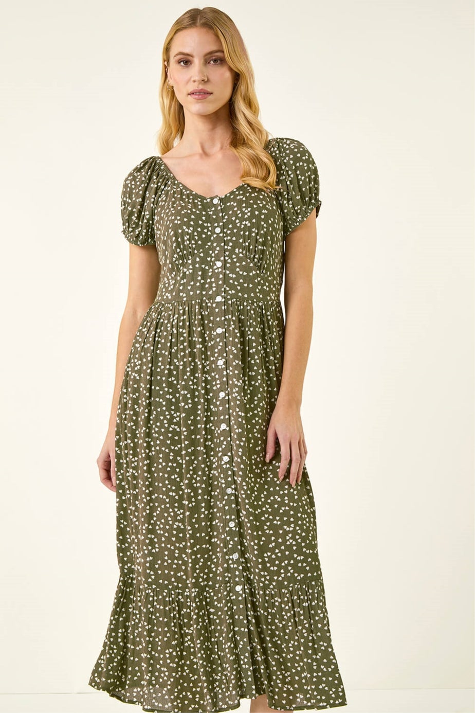 Roman Khaki Spotty Heart Button Midi Dress