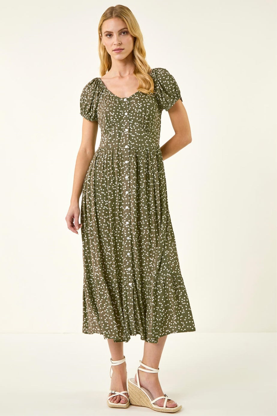 Roman Khaki Spotty Heart Button Midi Dress