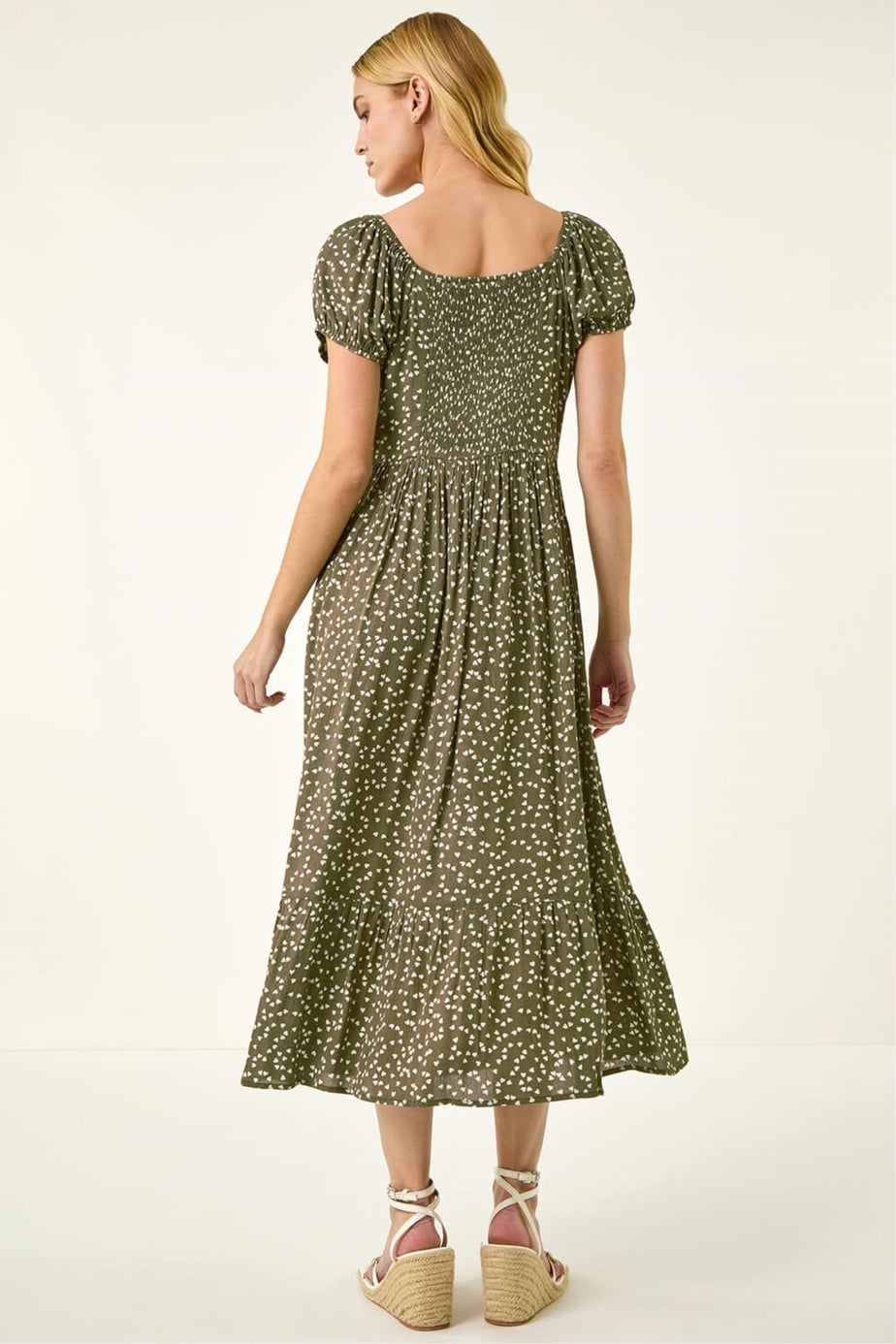 Roman Khaki Spotty Heart Button Midi Dress