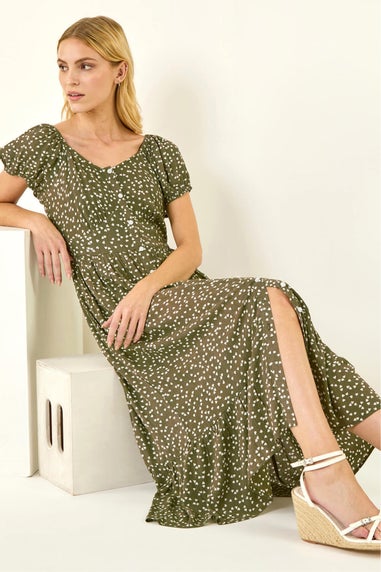 Roman Khaki Spotty Heart Button Midi Dress