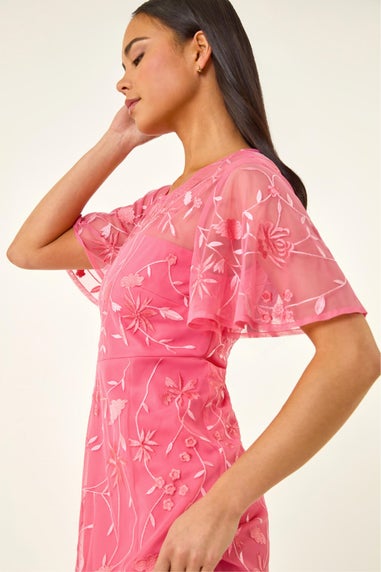 Roman Coral Petite Embroidered Mesh Midi Dress