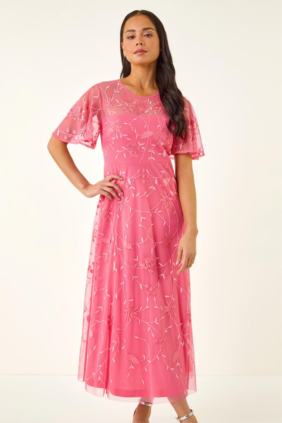 Roman Coral Petite Embroidered Mesh Midi Dress