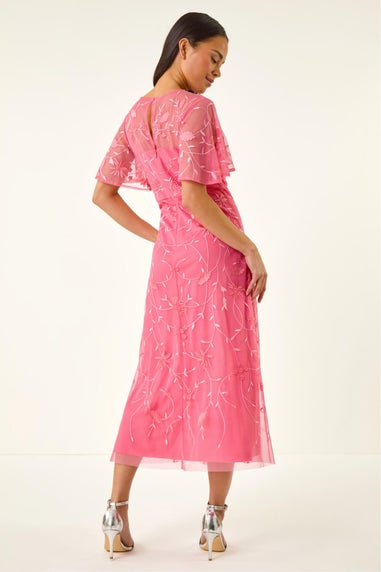 Roman Coral Petite Embroidered Mesh Midi Dress