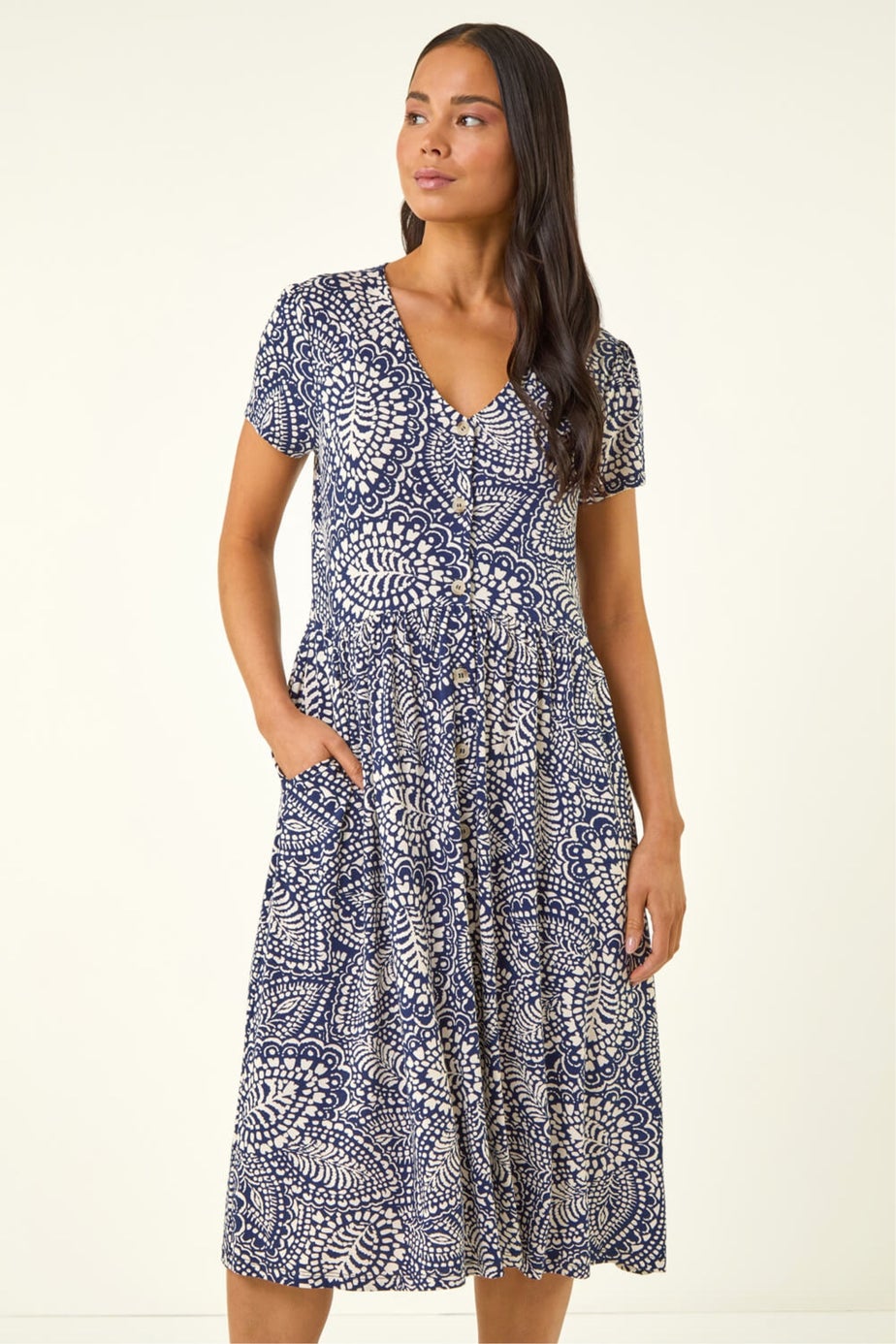 Roman Navy Petite Abstract Button Pocket Stretch Dress