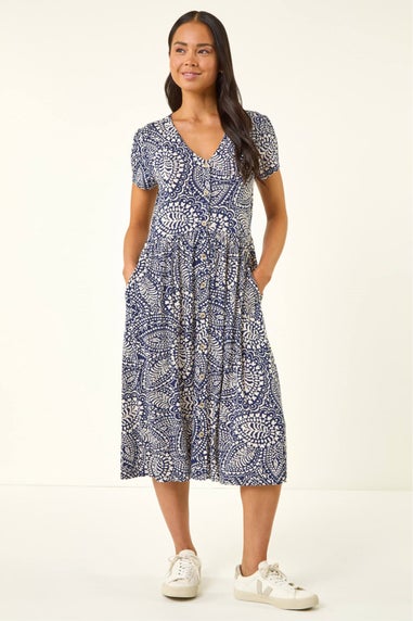 Roman Navy Petite Abstract Button Pocket Stretch Dress