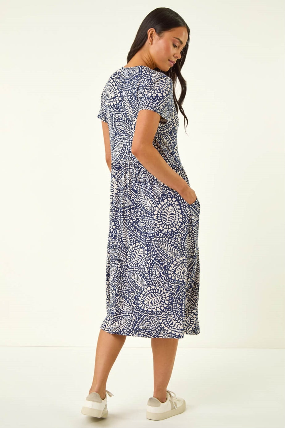 Roman Navy Petite Abstract Button Pocket Stretch Dress