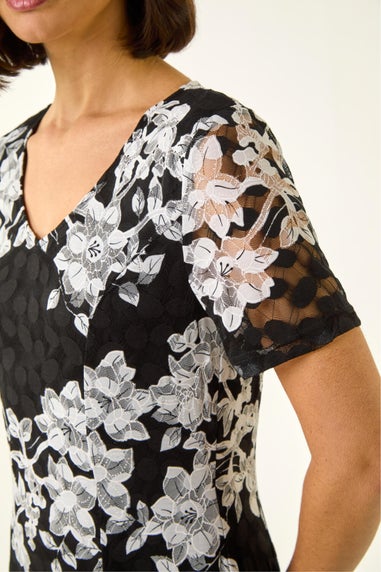 Roman Black Floral Lace Stretch Dress