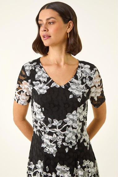 Roman Black Floral Lace Stretch Dress
