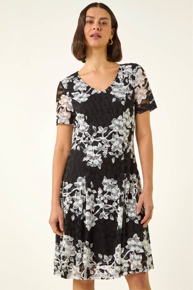 Roman Black Floral Lace Stretch Dress