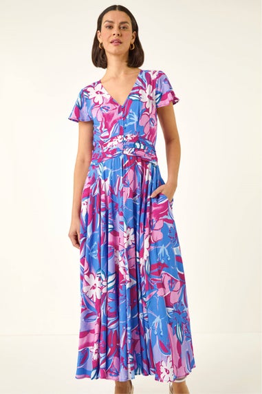 Roman Pink Abstract Floral Ruched Midi Dress