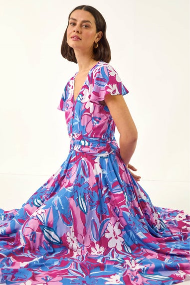 Roman Pink Abstract Floral Ruched Midi Dress