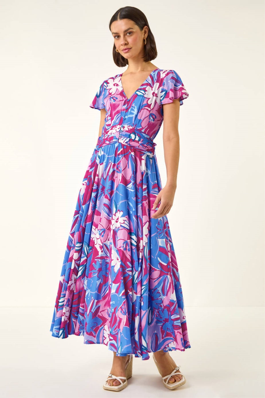 Roman Pink Abstract Floral Ruched Midi Dress