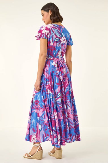 Roman Pink Abstract Floral Ruched Midi Dress