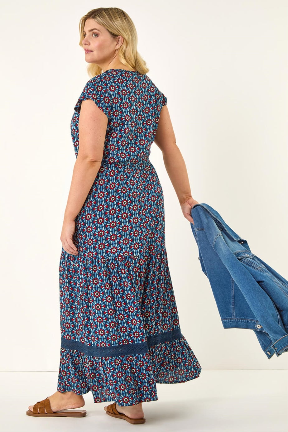 Roman Navy Curve Floral Print Swing Midi Dress