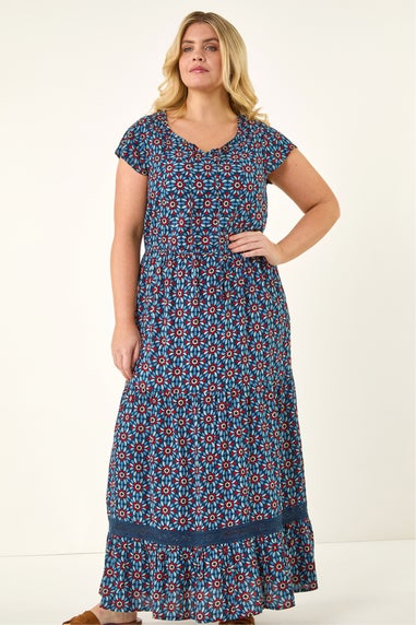 Roman Navy Curve Floral Print Swing Midi Dress