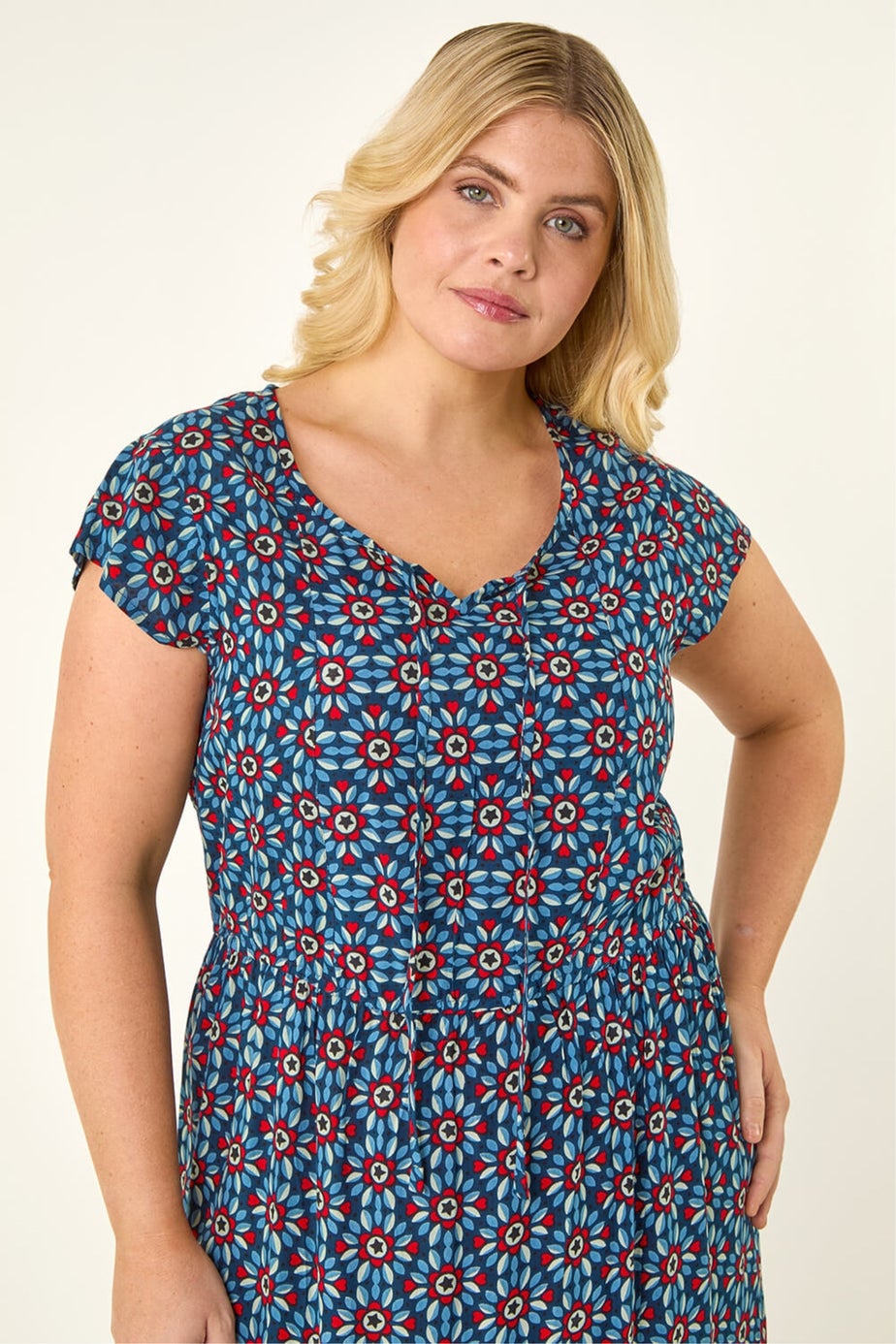 Roman Navy Curve Floral Print Swing Midi Dress