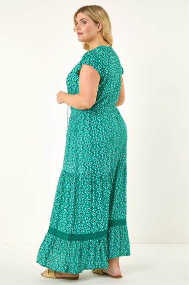 Roman Turquoise Curve Floral Print Swing Midi Dress