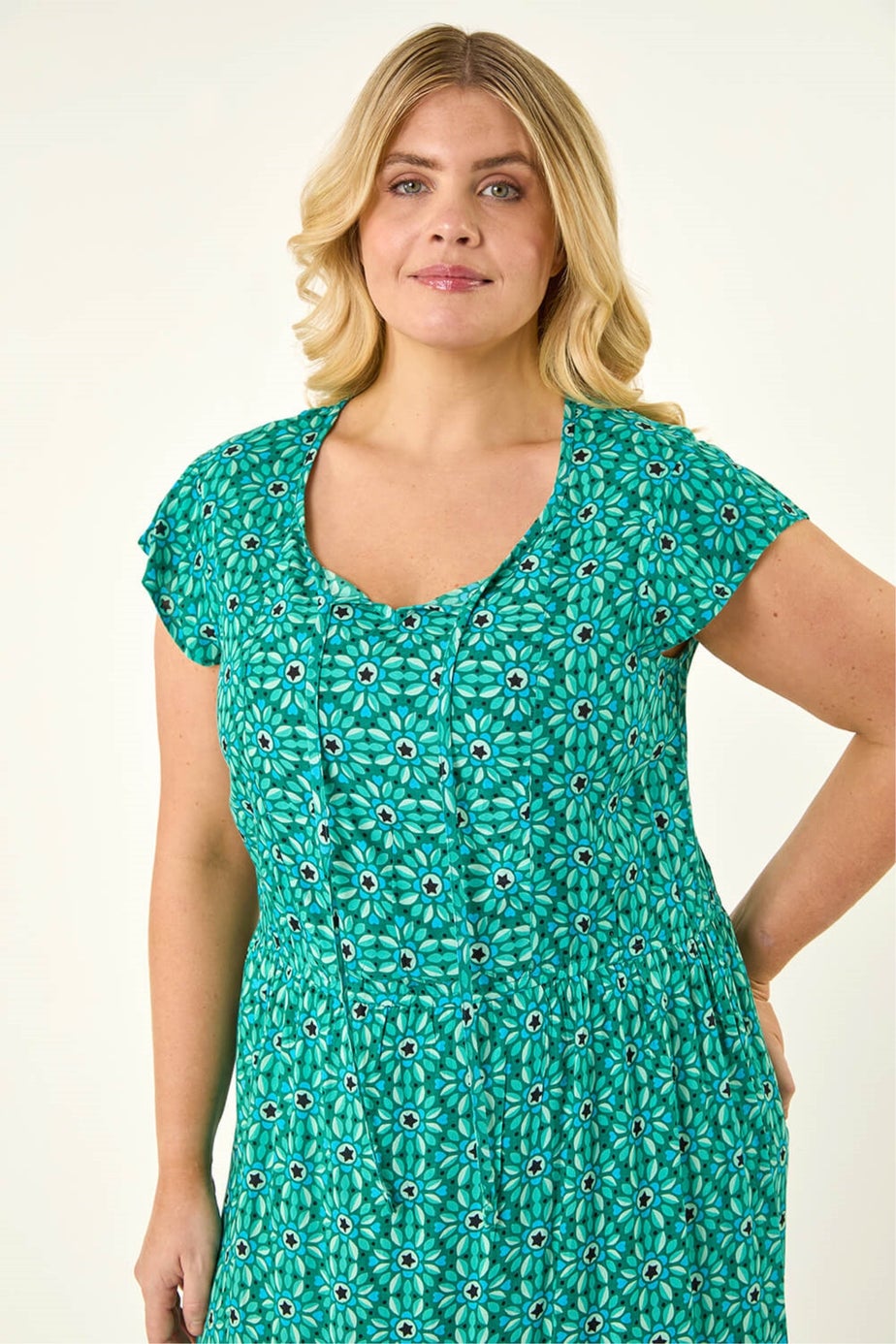 Roman Turquoise Curve Floral Print Swing Midi Dress